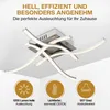 A modern LED ceiling light fixture with curved arms, shown installed on a white ceiling. Three circular icons with text descriptions are visible at the bottom. Náhled obrázku produktu