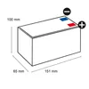 A diagram of a battery with dimensions and polarity markings. Produktbild-Vorschau