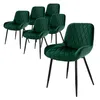 A set of six dark green velvet dining chairs with diamond quilting and black metal legs, arranged on a white background. Náhľad obrázku produktu