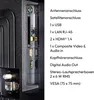 A close-up view of the rear ports of a television, with a list of its connections and features. Produktbild-Vorschau