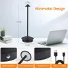 A minimalist LED desk lamp is shown on a desk next to a laptop, with close-up shots of its features below. Produktbild-Vorschau