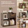 A collage of images showing a wooden storage shelf unit in different room settings and close-ups. Podgląd zdjęcia produktu