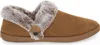 A single brown slipper with faux fur trim and a button detail, shown from the side on a white background. Produktbild-Vorschau