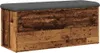 A storage bench with a rustic wood-look exterior and a gray upholstered top, shown from the front. Anteprima dell’immagine prodotto
