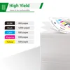 A stack of paper with a color chart on top, next to a list of ink cartridge yields. Produktbild-Vorschau