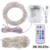 A set of LED string lights with a battery pack and remote control, laid out on a white background. Produktbild-Vorschau