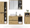 A set of four bathroom furniture pieces, including a tall cabinet, a medicine cabinet with mirrors, a vanity with a sink and faucet, and a small cabinet. Produktbild-Vorschau