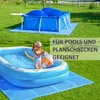Two swimming pools on a grassy lawn, one with a cover and a child playing in the other. Produktbild-Vorschau