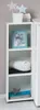 A white shelving unit with decorative items and folded fabrics. Produktbild-Vorschau