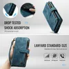 A collage of images showcasing a blue leather wallet-style phone case with a zipper and lanyard, highlighting its features like drop tested shock absorption and standard lanyard size. Anteprima dell’immagine prodotto