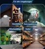 A collage of four images showing industrial lighting in different environments: a construction site, a tunnel, a workshop, and a wine cellar. Produktbild-Vorschau