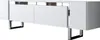 A modern, white TV cabinet with sleek black legs and silver accents. Voir les images du produit