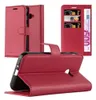 A red leather flip case for a smartphone, shown open to reveal card slots and a banknote. Produktbild-Vorschau