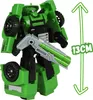 A green robot toy with a gun, standing on a white background. Produktbild-Vorschau