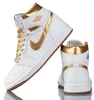 A pair of white and gold Nike Air Jordan 1 Retro High sneakers are displayed against a white background. Podgląd zdjęcia produktu