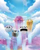 Five plush toys are shown flying upwards against a backdrop of clouds and a colorful, abstract sky. Produktbild-Vorschau