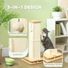 A cat scratching post with various features is shown in a room setting, with close-up insets highlighting specific parts. Produktbild-Vorschau