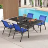 A patio set with blue chairs and a black table is arranged next to a swimming pool. Náhľad obrázku produktu