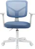 A blue and white office chair with wheels, shown from the front. Produktbild-Vorschau