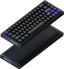A black gaming keyboard with purple accent keys and RGB lighting is shown from a slightly elevated diagonal angle, with its base resting on a black surface. Produktbild-Vorschau