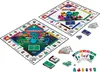 Two Monopoly Junior game boards are displayed diagonally on a white background, along with game pieces and cards. Podgląd zdjęcia produktu