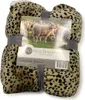 A folded leopard print blanket with a product label attached. Produktbild-Vorschau