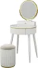A white vanity table with a round LED mirror and a matching stool, set against a white background. Podgląd zdjęcia produktu