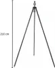 A black metal tripod grill stand with a decorative top. Produktbild-Vorschau