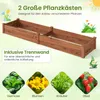 A marketing image showing a wooden raised garden bed divided into two sections, with illustrations of vegetables, flowers, herbs, and fruit at the bottom. Voir les images du produit