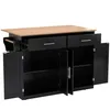 A black kitchen island with a wooden countertop and open cabinets, shown against a white background. Voir les images du produit