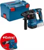 A blue Bosch rotary hammer drill and its blue L-BOXX case are shown against a white background. A red circular graphic with white text '+Extra!' is in the lower left corner, overlaying a smaller image of a drill bit. Produktbild-Vorschau