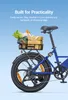 A close-up side view of the rear of a blue electric bicycle with a basket full of groceries. Produktbild-Vorschau