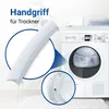 A white dryer with a close-up inset of a white handle for the dryer door. Produktbild-Vorschau