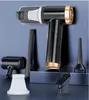A handheld vacuum cleaner and its accessories are displayed against a blue backdrop. Produktbild-Vorschau