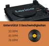 A close-up of a black wooden turntable with a black mat featuring the 'Lenco' logo, and text below listing supported speeds and an image of a vinyl record. Náhľad obrázku produktu