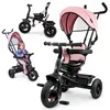A collage of three images showing a pink and black children's tricycle from different angles, one with a child riding it. Produktbild-Vorschau