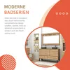 A modern bathroom vanity with a mirror and shelving, presented with marketing text. Produktbild-Vorschau