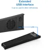 A marketing image showing a close-up of a black cooling fan accessory for a PlayStation 5, with text highlighting its extended USB interface. Produktbild-Vorschau
