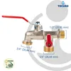 A product shot of a brass faucet with red handles and measurement indicators. Produktbild-Vorschau