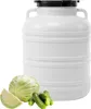 A white plastic barrel with a black lid, accompanied by a whole cabbage, a wedge of cabbage, and several small cucumbers in the foreground. Produktbild-Vorschau