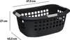 A black laundry basket with dimensions indicated by lines and text. Produktbild-Vorschau