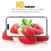 A smartphone screen displaying strawberries, with text overlay about HD transparency. Produktbild-Vorschau