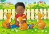 A young boy sits in a grassy field with three rabbits, a cow and a house in the background. Anteprima dell’immagine prodotto