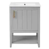 A light gray bathroom vanity with a white ceramic sink and a gold handle. Voir les images du produit
