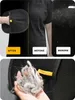 A collage showing a pet grooming glove in use and the results. Produktbild-Vorschau