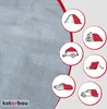 A grey textured background with a red diagonal line and several circular icons depicting various uses of a tarp. Produktbild-Vorschau