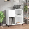 A white record player cabinet with a record player on top, records in one compartment, and a stereo receiver in another. Náhled obrázku produktu