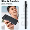 A man is holding a black phone case, with marketing text on the left and a side view of the phone case on the right. Náhľad obrázku produktu