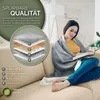 A woman sits on a couch reading a book, covered by a gray blanket. A diagram of the blanket's layers is shown on the left. Produktbild-Vorschau