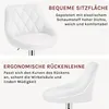 A split image showing two features of a white bar stool: the comfortable seat and the ergonomic backrest, with descriptive German text. Produktbild-Vorschau
